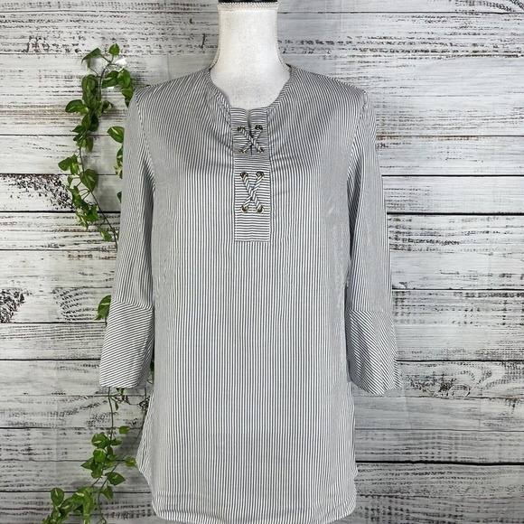 Jones New York Tunic Blouse sz Small Black White Striped Sailor Nautical Cruise - Picture 2 of 12